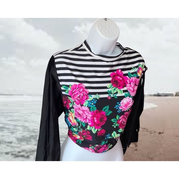 Torrid Black Swim Shirt Women 3X stripes Pink Flowers - Picture 2 of 5